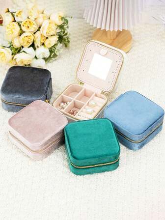 1 Mini Scatola portatile vintage per gioielli con gancio per collane, in tessuto di flanella, con chiusura lampo e specchio incorporato - Scatola rettangolare da scrivania per anelli, orecchini e collane - Perfetta come scatola portagioie da viaggio compatta - Orecchini, decorazione per la casa, regalo di Natale, regalo di Capodanno, regalo per le donne, scatola a doppio strato con specchio