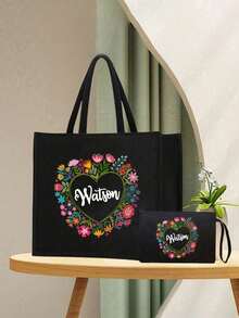 两件套，可定制姓名，彩色花环图案手提包和化妆包套装，女士亚麻大容量手提包，购物袋，便携休闲收纳手提包，适合日常出行、海滩度假，大容量购物袋，是上学、生日、大学、工作、商务、通勤、户外、旅行、节日、圣诞礼物的理想之选。 - 黑色 - 查看 10