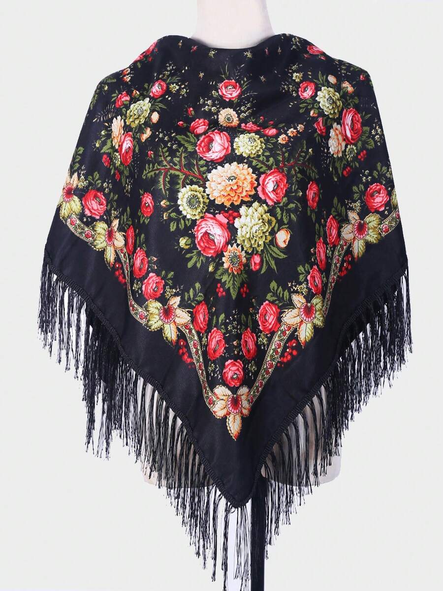 1 pieza Chal multicolor con estampado floral retro tradicional de peonía para mujer, elegante y cálido, adecuado para otoño/invierno, gran regalo para mamá para vestir - Multicolor - Ver 1