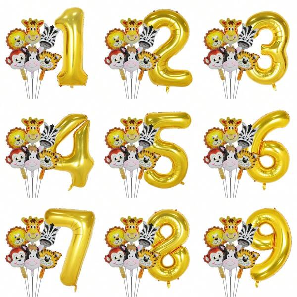 Ensemble de ballons numériques à tête d'animal - Décorations de fête d'anniversaire animé - Cadeau d'anniversaire - Jouet cadeau comprenant lion, cerf, zèbre, singe, vache, tigre - Un ballon numérique doré de 32 pouces - Convient pour les fêtes d'anniversaire et les fêtes des enfants