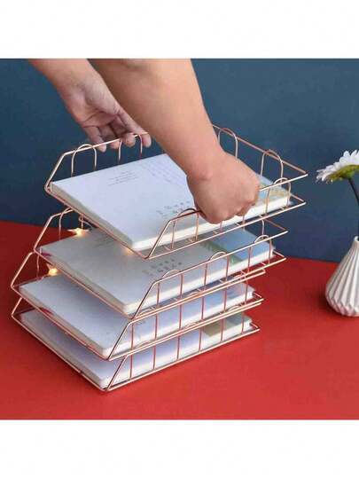 Metal A4 Paper Tray Organizer, 1/2/4pcs Stackable Rose Gold File Holder For Desk - Horizontal Document Storage Box, Mail Sorter, Letter Tray For Office, School & Home Use