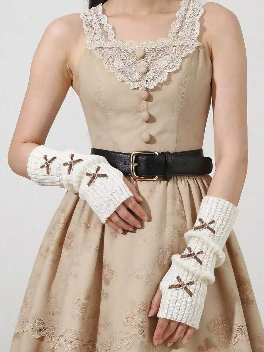 1 Pair Bow Decor Fingerless Gloves For Women, Knitted Warm Mid-Length Arm Warmers, Cute & Stylish For Autumn/Winter