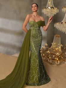 Faeriesty Elegant One-Shoulder Evening Gown With Diagonal Side-Sweep Drape & Sophisticated Mermaid Hemline Formal Dress For Weddings