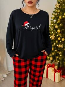 Personalized Christmas Print Name Text Women Long Sleeve Sleepwear Top, Customized Christmas Gift Home Wear - Black - View 5