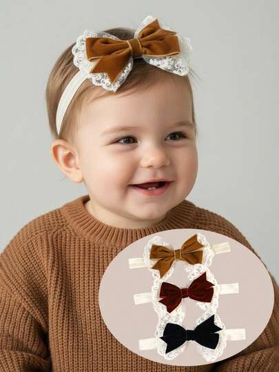 3件装婴儿天鹅绒头带棕色复古蝴蝶结发带，适合幼儿婴儿新生儿弹力尼龙发带蕾丝蝴蝶结发带儿童婴儿发饰儿童婴儿发饰