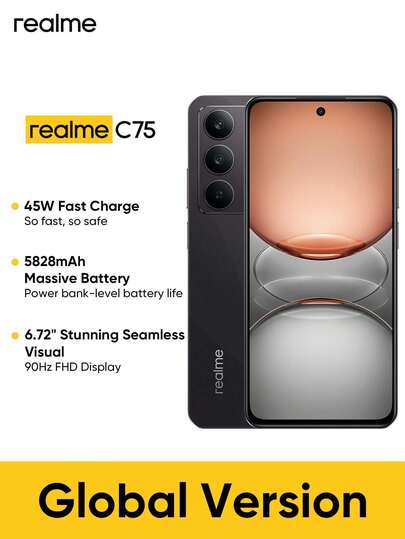 Realme C75 解锁手机 8GB+128GB/8GB+256GB 全球版，4G LTE，安卓 14 智能手机，50MP 摄像头，5828mAh 大容量电池，45W 快速充电，闪电金