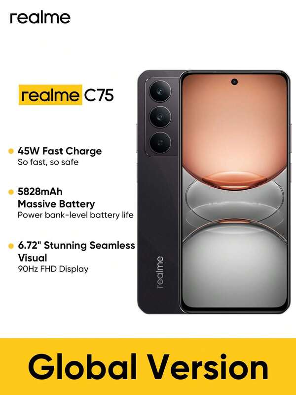 Realme C75 解锁手机 8GB+128GB/8GB+256GB 全球版，4G LTE，安卓 14 智能手机，50MP 摄像头，5828mAh 大容量电池，45W 快速充电，闪电金