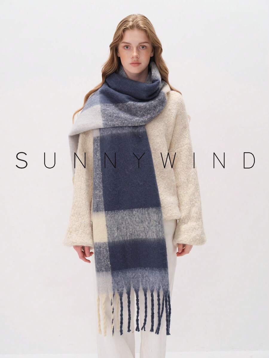 1pc Strip Pattern Women Scarf,Elegant Plaid Scarf, Autumn/Winter Wear Scarf Shawl For Dress - Blue - View 1
