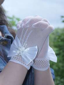 1 Pair Children Lace Hollow Bow Princess Gloves (For Party Holiday Event) - White - View 9