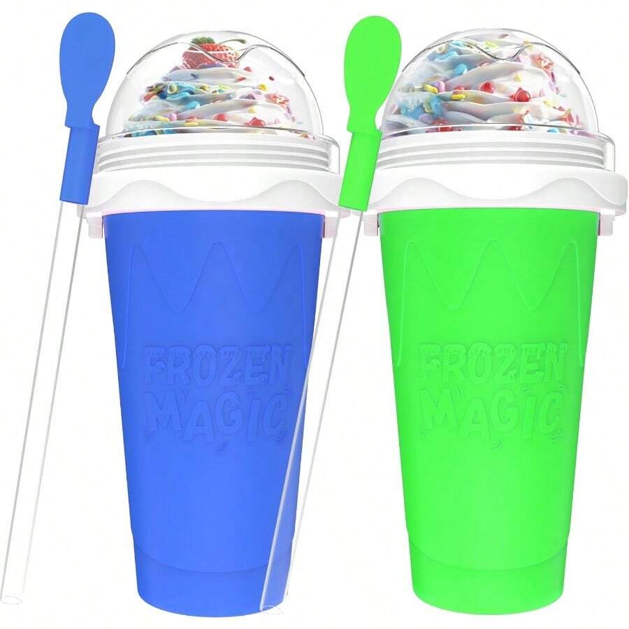 2PCS Slushie Maker CupDIY Magic Quick Frozen Smoothies Cups For Homemade Milk Shake Ice Cream Maker Cooling Cups Double Layer Squeeze Slushy Maker Cup Birthday Funny Gifts For Friends AndFamily - 藍色+綠色 - 查看 1