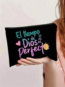 Printed Canvas Tote Bag With "El-Tiempo" Colorful Letter Print Pattern, Portable Casual Storage Handbag, Multifunctional Shopping Bag, Minimalist Travel Storage Bag, Large Capacity Travel Cosmetic Bag, Newly Designed With Ample Space, Ideal For Shopping, Wedding, Birthday, Beach, Holiday, Back To School - Black - View 6