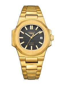 LONGLUX 1pc Automatic Mechanical Stainless Steel Strap Butterfly Buckle Wristwatch, Fashion Men Watch With Calendar