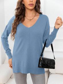 DEARCASE Women's Casual Solid Color V-Neck Drop Shoulder Split Hem Sweater - Dusty Blue - View 4