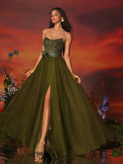 VIPGIRL Luxury Green Strapless Evening Gown, Featuring Beaded Bodycon Bodice And High Slit, Layered Chiffon, Suitable For Formal Dinners, Elegant Parties, Galas And Other Formal Occasions, An Ideal Choice For Ladies' Formal Evening Wear.
