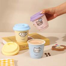 1 pieza Taza de cerámica para café, té o agua, con tapa de silicona antipolvo, hecha a mano con diseño de dibujos animados, resistente a altas temperaturas, de colores brillantes, agarre cómodo, boca ancha, borde redondo, base antideslizante, adecuada para decoración de encaje, para uso doméstico u oficina, apta para uso personal o como regalo