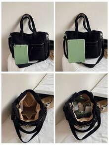 1 pieza Bolso de tela grande y versátil de estilo minimalista y de moda, con múltiples bolsillos prácticos, gran capacidad, adecuado para la escuela, la universidad, el trabajo y el uso casual, bolso de hombro para mujer - Negro - Ver 10