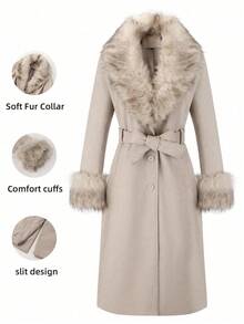 女士羊毛混纺大衣，配人造毛皮领、袖口和腰带 - 时尚长款外套，适合寒冷天气 - 米色 - 查看 1
