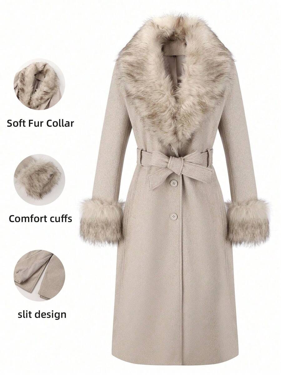 女士羊毛混纺大衣，配人造毛皮领、袖口和腰带 - 时尚长款外套，适合寒冷天气 - 米色 - 查看 1