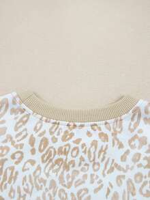 Acelitt Spring And Autumn Women's Khaki Leopard Print Splicing Ribbed Edge Ruffle Detail Round Neck Knitted Top