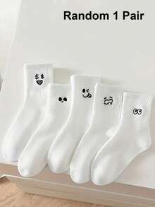 5pairs/Set Men's & Women's White Funny Face Mid-Calf Socks Ins Couple Socks For Casual, Student, Autumn & Winter, Fall