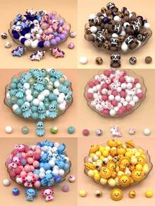 35 piezas Conjunto de cuentas de silicona DIY, cuentas espaciadoras de silicona 3D con diseños de unicornios y animales coloridos impresos, adecuado para hacer joyas DIY hechas a mano, accesorios para llaveros, pulseras, bolígrafos, colgantes de teléfono, adornos de bolso, suministros de manualidades lindos, regalos para fiestas