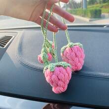 onEternal 1pc/2pcs Light Pink/Red Puff Simulation Strawberry Hanging Decoration, Handmade Crochet Car Interior Decoration, Mirror Bag Decoration, Handmade Crochet Christmas And Halloween