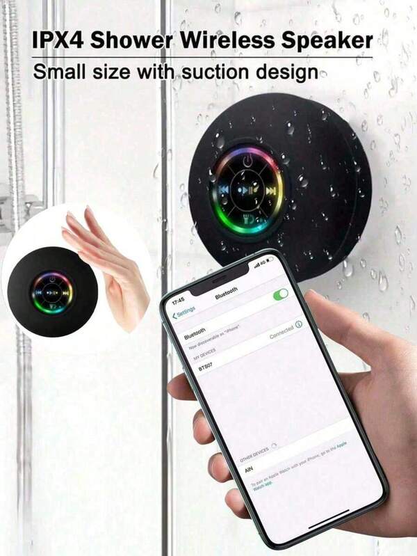 1 Piece Wireless Waterproof Bathroom Speaker, Waterproof Case, RGB Lighting Rainbow Atmosphere Light, High-Quality Sound, Microphone, Can Answer Calls, Long Battery Life, Rhythm Response, Large Suction Cup For Wall Mounting, Dual Function As A Mobile Phone Holder, Compact And Portable, Skin-Friendly Texture