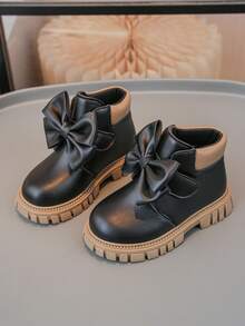 1 Pair Children's Fashion New Lychee Texture PU Hook And Loop Design Bow Decor Anti-Slip Soft Durable Chelsea Boots - Black - View 20