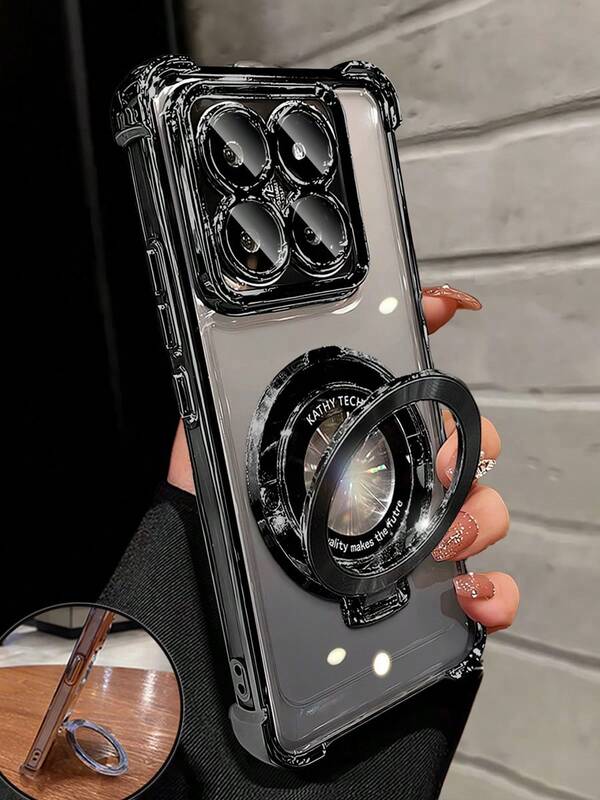 Luxury Electroplated Black Phone Case With Creative Cycle Ring Magnetic Stand Holder, Drop-Resistant Anti-Drop,Drop-Resistant, Anti-Drop, Summer New Fashion Silicone Shockproof Protective Soft Cover Compatible With Samgsung Galaxy S24 S25 Ultra FE A56 A16, Compatible With Xiaomi Redmi 14C, Compatible With Huawei Honor OPPO Reno Realme MOTO Infinix, Y2k Style Men / Women 2025