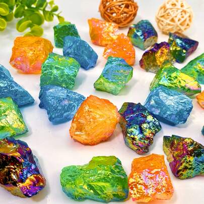 Aura Clear Quartz Raw Stone - Rough Green Yellow Purple Blue Clear Crystal With Iridescent Play-Of-Color, Perfect For Home Decor, Feng Shui & Chakra, Unique Gift, Multicolored