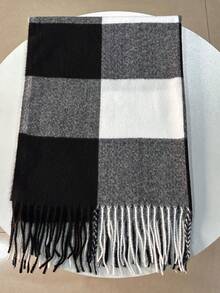 1 件男女通用黑、白、灰方形格子围巾，仿羊绒温暖时尚配饰围巾，适合秋冬季外出、旅行、送礼、团购、通勤、户外使用