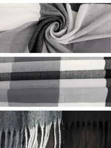 1 件男女通用黑、白、灰方形格子围巾，仿羊绒温暖时尚配饰围巾，适合秋冬季外出、旅行、送礼、团购、通勤、户外使用