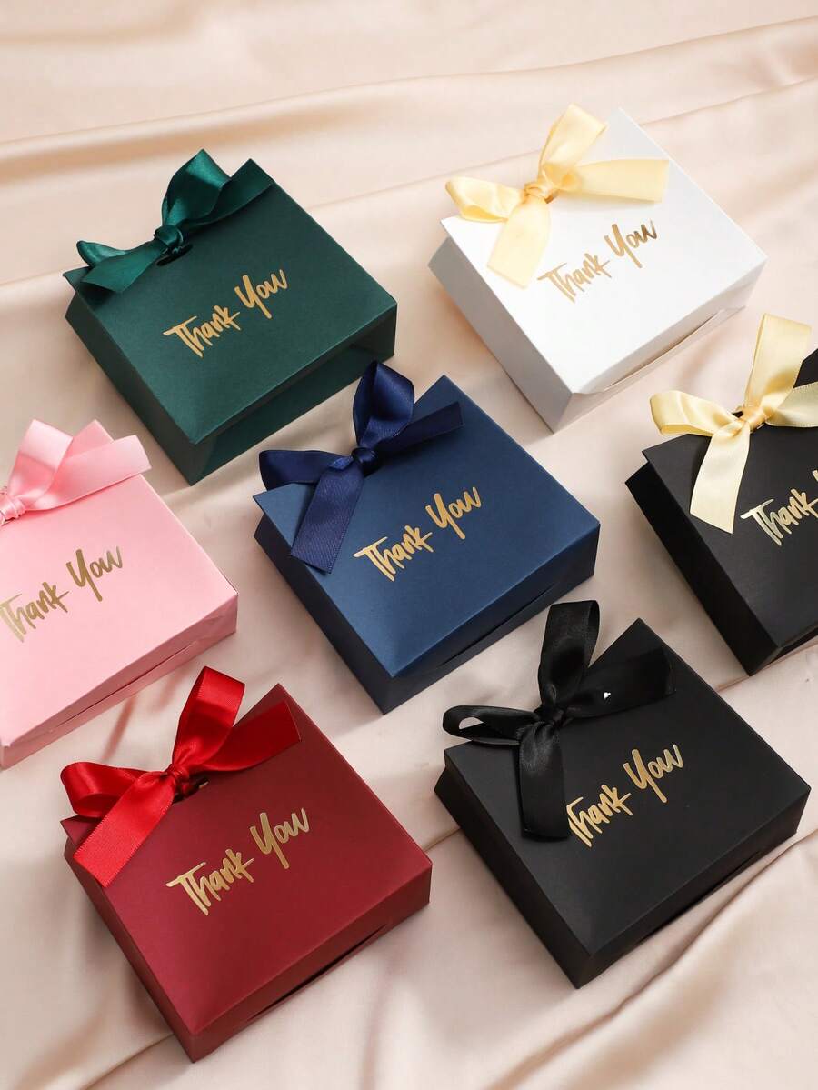 5/10pcs Kraft Paper Mini Gift Bags/Boxes, Foil Thank You Pattern Design With Gold Ribbon Bow, Suitable For Wedding, Valentine's Day, Birthday Party, Holiday Small Gifts Packaging, Halloween Candy, Snacks, Christmas Gifts, Christmas Tree Decor - Thank You Box - View 1
