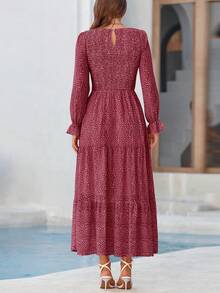 Women Leopard Long Sleeve Maxi Dress Flounces High Waist Smocked Tiered Dress Fall Spring Wedding Guest Vacation Holiday Boho Valentine Dresses Outfits - 紅色 - 查看 2