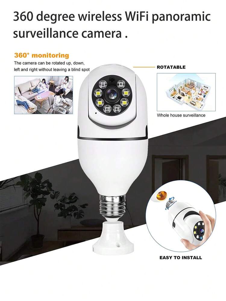 1 件智能 WiFi 安全摄像头灯泡 E27 旋入式硬接线，现代白色圆形设计，带夜视运动检测 360° 平移倾斜监控摄像头，适合家庭室内外使用 - 白色 - 查看 4