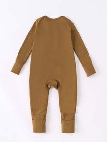 Junblebaby - Boys' Bamboo Fiber Solid Color Zippered One-Piece Pant - Double-Zip Design, With Foldable Foot Covers - A Casual And Comfortable Home-Style One-Piece Dress, Suitable For 0-3-Year-Old Babies For Casual Wear. - 棕色 - 查看 3