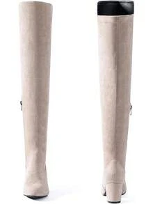 Women Over Knee Boots Thigh High Suede Black Block Low 2 Inch Heel Chunky Above Knee Winter Pointed Toe, Fashionable Cold-Weather Boots - 奶油\2 1/2 英吋鞋跟 - 查看 7