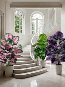 3pcs Large Artificial Plants Set, Lifelike Fake Plants Set With Violet Plants, Monstera & Pink Leaves For Home, Garden, Patio Decor | All Season Faux Greenery, Artificial Outdoor Plant, Perfect For Office, Wedding & Christmas Decoration, Home Decor, Garden Decor (Without Pot)