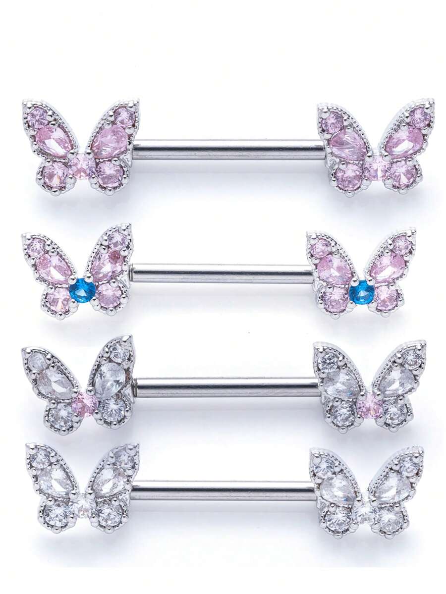 1件装锆石蝴蝶形杠铃乳环，时尚闪亮不锈钢乳头穿刺饰品，女士适用 - 彩色 - 查看 1