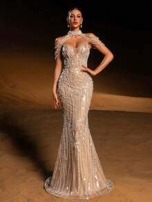 Faeriesty Haute Glamour Elegant Sparkly Mermaid Evening Gown With Sequins And Bead Accents, Delicate Pearl-Chain Straps, Sheer Tulle Fish-Tail Skirt – Perfect For Weddings, Red-Carpet Events, Evening Galas & Award Ceremonies For Women