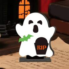 Halloween Wooden Ghost Decor Cute White Little Ghost Figurine For Desktop Home Yard Garden And More - White - View 2
