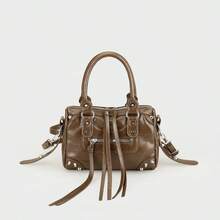 1个复古风格PU皮革手提包，铆钉、金属流苏拉链装饰，可调节肩带，适合日常、旅行、购物。 - 咖啡 - 查看 11