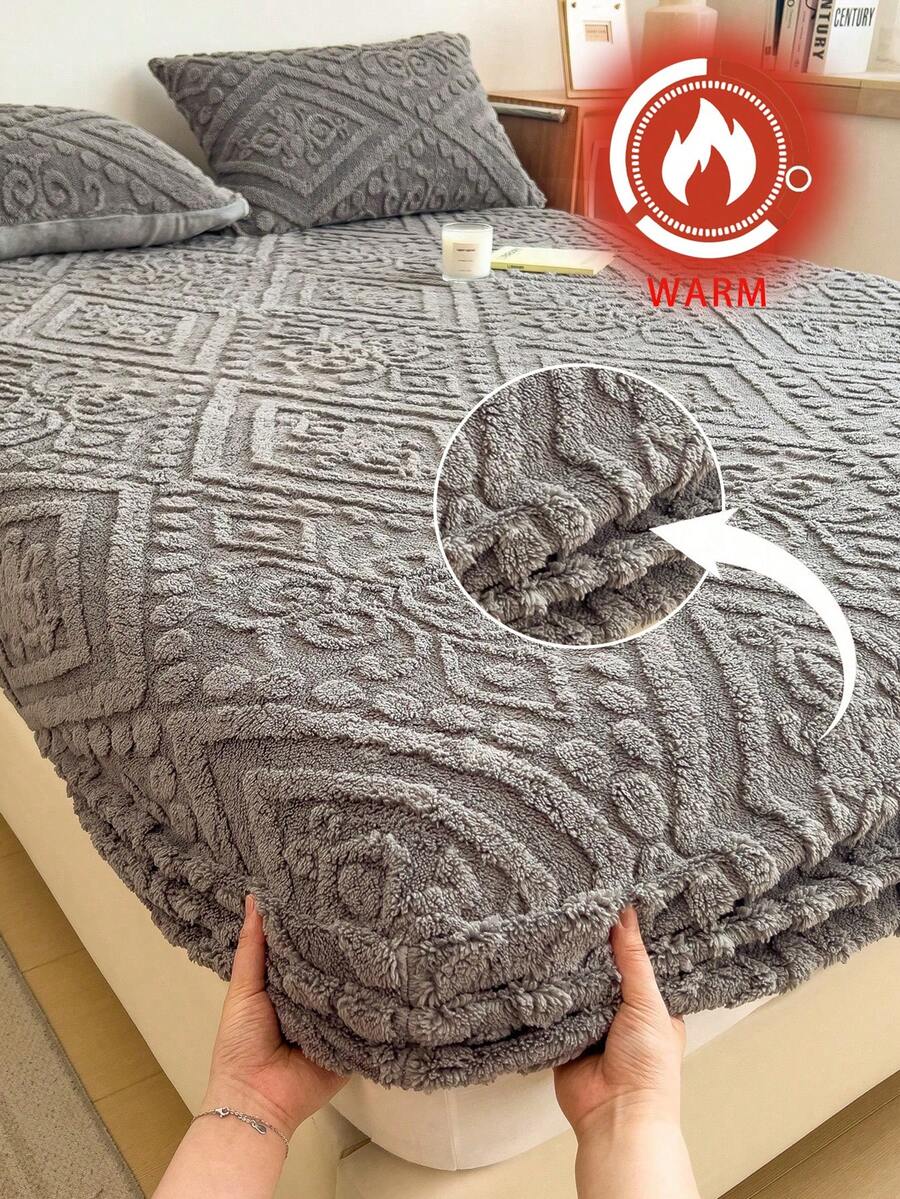 1pc Dark Grey Vintage Paisley Floral Plush Velvet Fitted Sheet Warm Tufted Boho Stripe Pattern Soft Solid Fuzzy Fitted Sheet King Queen Full Twin Size, Luxury Super Soft Cozy Comfy Bottom Sheet With 11.8" Deep Pocket,Suitable For Fall Winter And Spring, No Pillowcases - Dark Gray - View 1