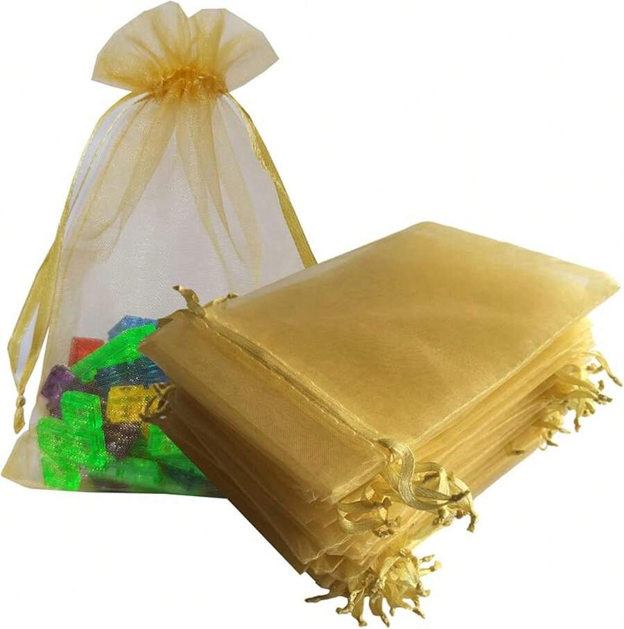 2025Organza Gifts Bags Sets Of 50 Drawstring 4x6 Inch Pink For Baby Shower,Girl Birthday,Party Favors,Wedding,Bridal Shower,Graduation,Halloween,Bulk Sheer Fabric Mesh Tie Sack For Jewelry,Candy - 金色 - 查看 1