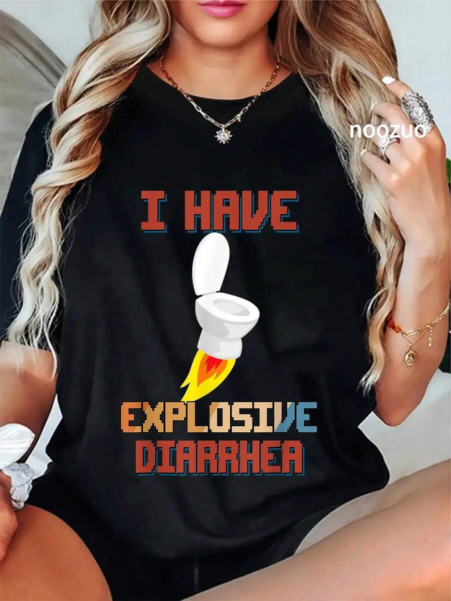 100% Cotton I Have Explosive Diarrhea Funny Humor Graphic T-Shirt Women's Men's Summer Comfort Soft Crew Neck Tee Tops - Black - View 1