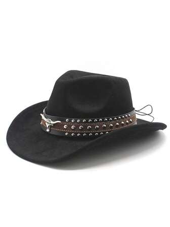 1pc Unisex Retro Western Cowboy Hat With Bull Trim For Everyday Casual Wear, Western Cowboy Parties.