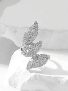 1 件铜合金锆石镶嵌枫叶设计戒指，优雅戒指，适合女性日常佩戴 - 銀色 - 查看 6