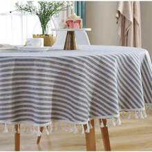 Round Tablecloth Stripe Tassel Table Cloth Cotton Blend Dust-Proof Table Cover For Dining Circle Coffee Side End Card Tables, Parties Holiday Indoor Outdoor Use (Blue/White Stripes, 60 Inch) - Blue60Round - View 1