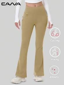 Cavva 女士防水喇叭瑜伽裤，保暖内衬，高腰收腹，10厘米安全大腿口袋，3个实用口袋，腰带环，修身剪裁，休闲徒步，冬季适用 - 卡其色 - 查看 4
