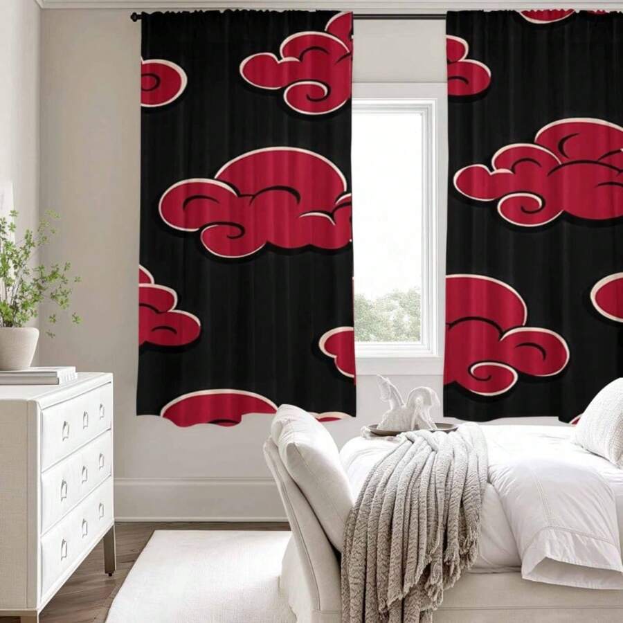 2pcs Anime  Curtain Panels Red Cloud Design Window Drapes, No Rod Needed, Quick Installation, Lightweight Polyester Privacy Window Treatments For Bedroom, Living Room, Kitchen Perfect For Fans Gift, Anime Gifts, Cloud Pattern Curtains, Easy Install Curtains, Bedroom Curtains, Themed Decor, Machine Washable, Blackout Drapes, Home Decorators Window Curtain For Livingroom Bedroom Bathroom Kitchen Zxl - trắng - Xem 1